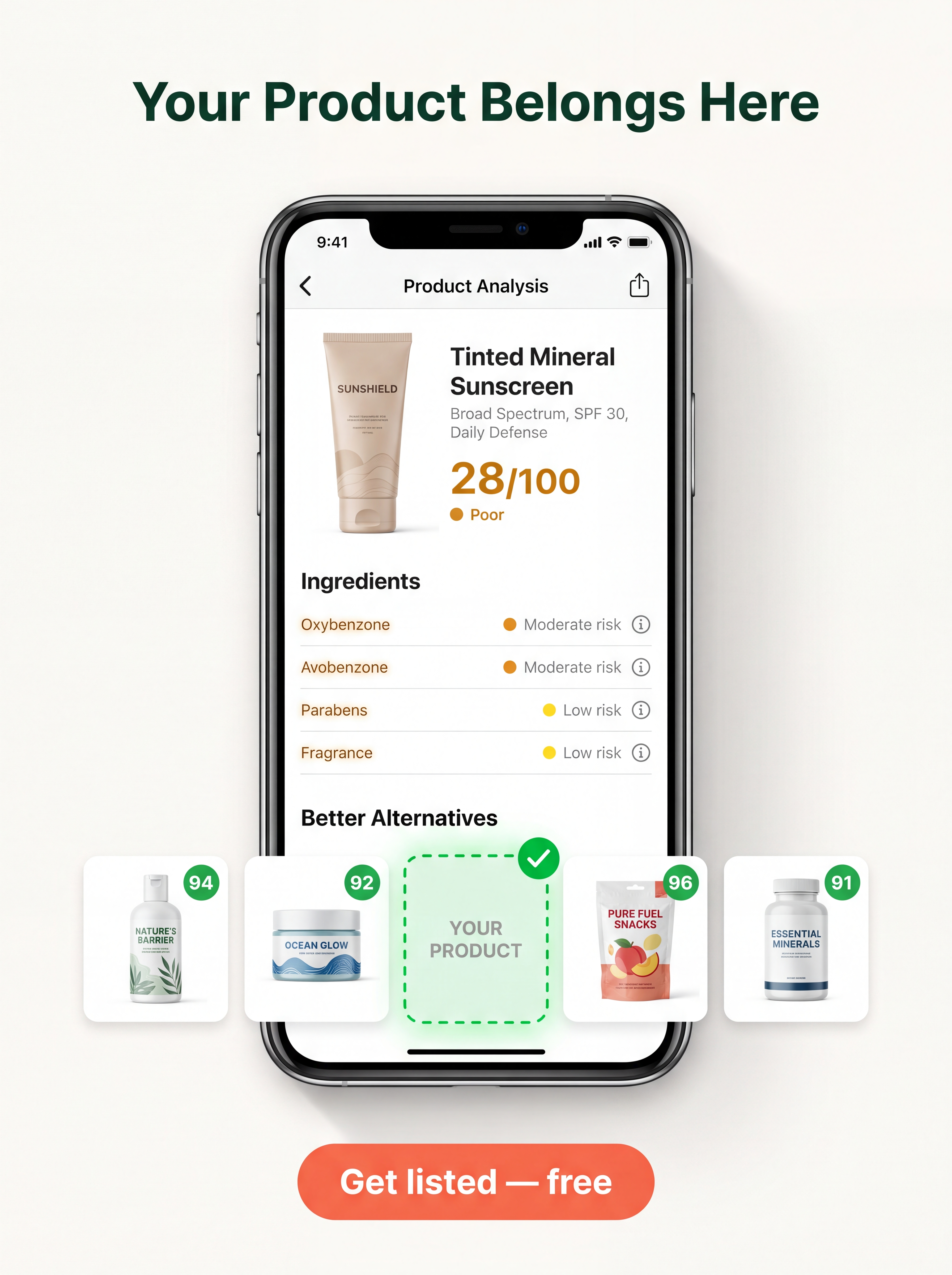 Vee marketplace showing products scored by ingredients